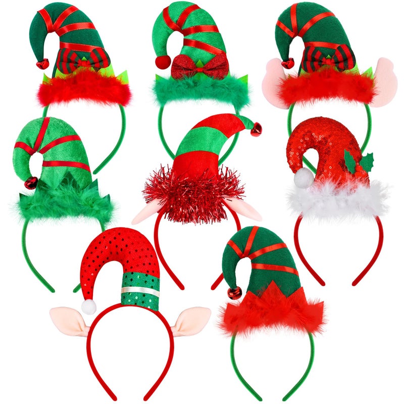 Aodaer 8 Pack Christmas Headbands Cute Elf Hat Costume Headwear Xmas Hair Hoop for Christmas Party Holiday Favors Elves Party Decoration - Image 3