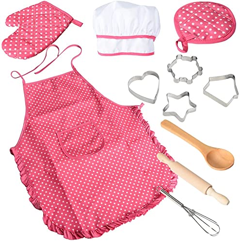 Acekid Chef Set for Kids11pcs Kitchen Costume Role Play Kits Girls Apron with Chef HatCooking Mitt and Cookie Cutters Rose red - Image 1