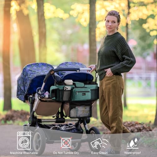 TOPDesign Universal Baby Stroller Organizer Double Stroller Caddy with Detachable Mesh Bag Heightened Insulated Cup Holders NonSlip Secure Hooks Accessories Fits Most Strollers Green - Image 3