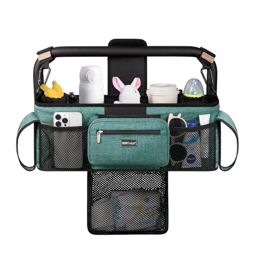 TOPDesign Universal Baby Stroller Organizer Double Stroller Caddy with Detachable Mesh Bag Heightened Insulated Cup Holders NonSlip Secure Hooks Accessories Fits Most Strollers Green - Image 1