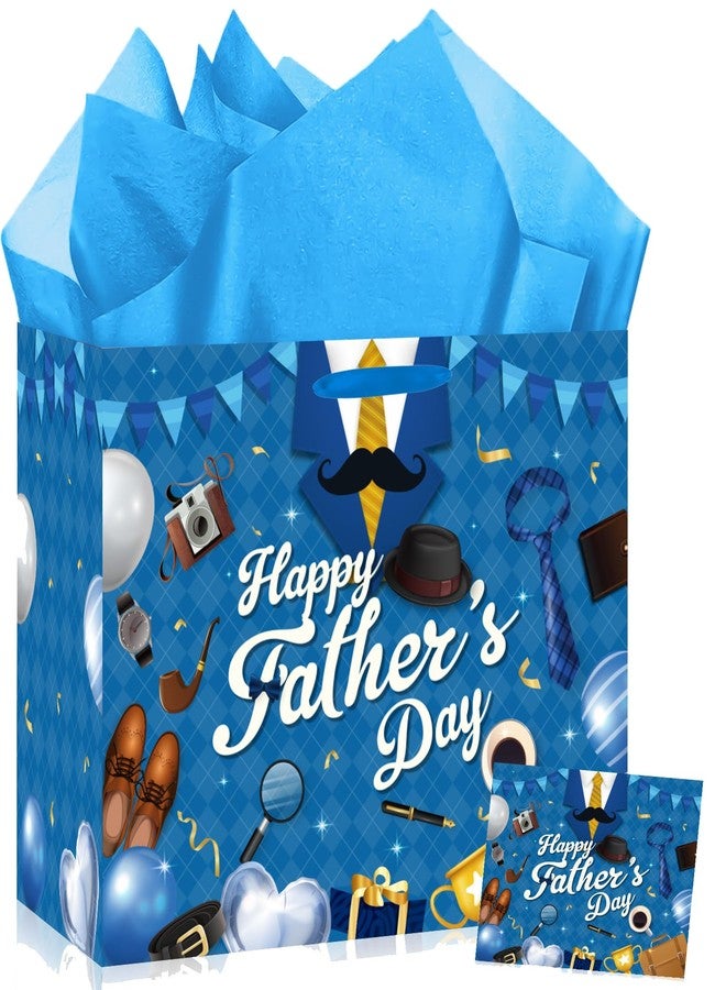Wayyogh Happy Fathers Day Gift Bag for Men Blue Suit Design Fathers Day Wrapping Paper Bag with Tissue Paper and Card Large Reinforced Bottom Bags with Handle for Dad Father Birthday Party Decoration Presents - Image 1