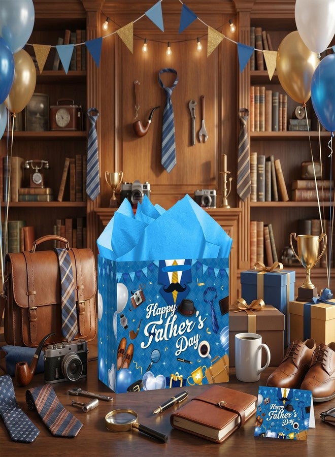 Wayyogh Happy Fathers Day Gift Bag for Men Blue Suit Design Fathers Day Wrapping Paper Bag with Tissue Paper and Card Large Reinforced Bottom Bags with Handle for Dad Father Birthday Party Decoration Presents - Image 4