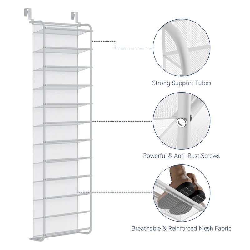 Whitmor 36 Pair Over The Door Shoe Organizer, 12 Tier Hanging Shoe Organizer, Heavy Duty Metal & Mesh Shoe Holder, Hanging Shoe Rack for Closet Organizer & Storage, 69"L x 21.7"W x 7.5"H, Matt White - Image 3