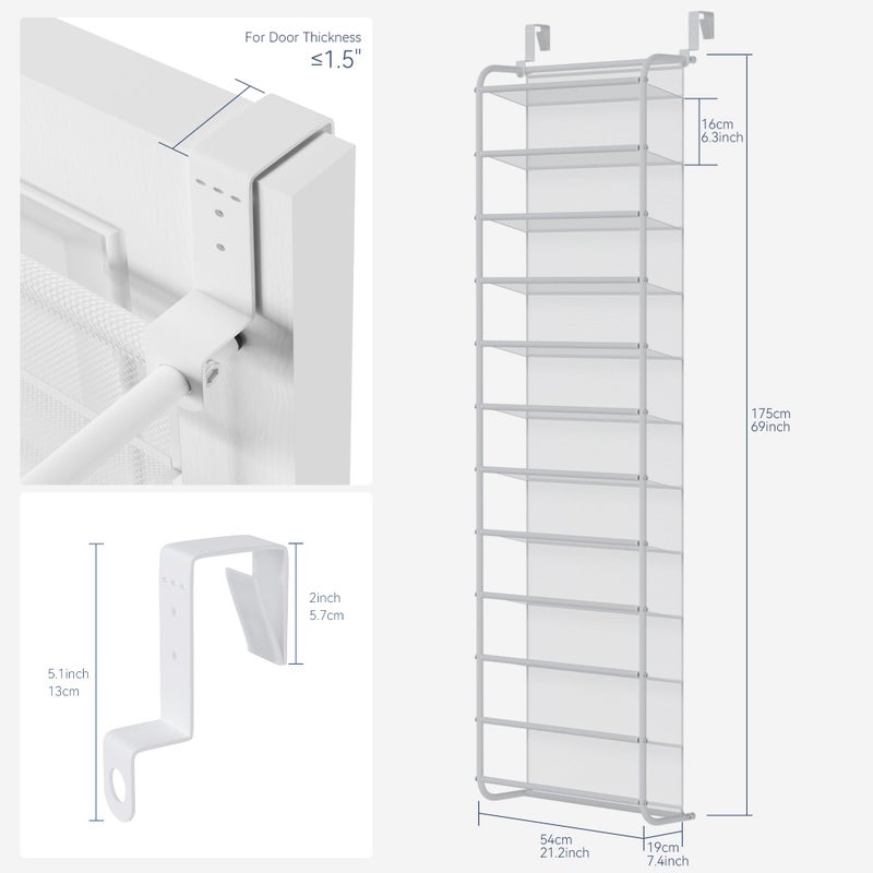 Whitmor 36 Pair Over The Door Shoe Organizer, 12 Tier Hanging Shoe Organizer, Heavy Duty Metal & Mesh Shoe Holder, Hanging Shoe Rack for Closet Organizer & Storage, 69"L x 21.7"W x 7.5"H, Matt White - Image 2