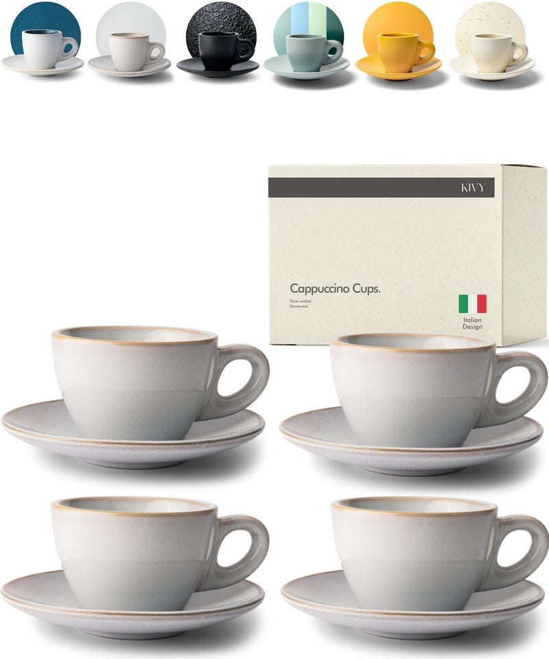 KIVY Cappuccino cups set [4x 8oz] - Thick-walled stoneware cappuccino cup set for latte art - Cappuccino coffee cups - Tazas de cafe - Latte cups - Ceramic latte art cup and saucer set of 4 - Grey - Image 1