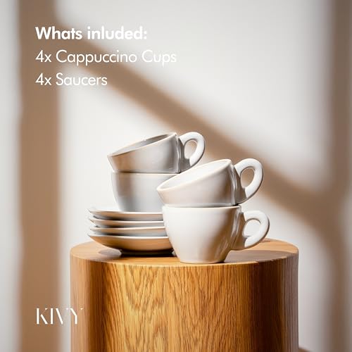 KIVY Cappuccino cups set [4x 8oz] - Thick-walled stoneware cappuccino cup set for latte art - Cappuccino coffee cups - Tazas de cafe - Latte cups - Ceramic latte art cup and saucer set of 4 - Grey - Image 5