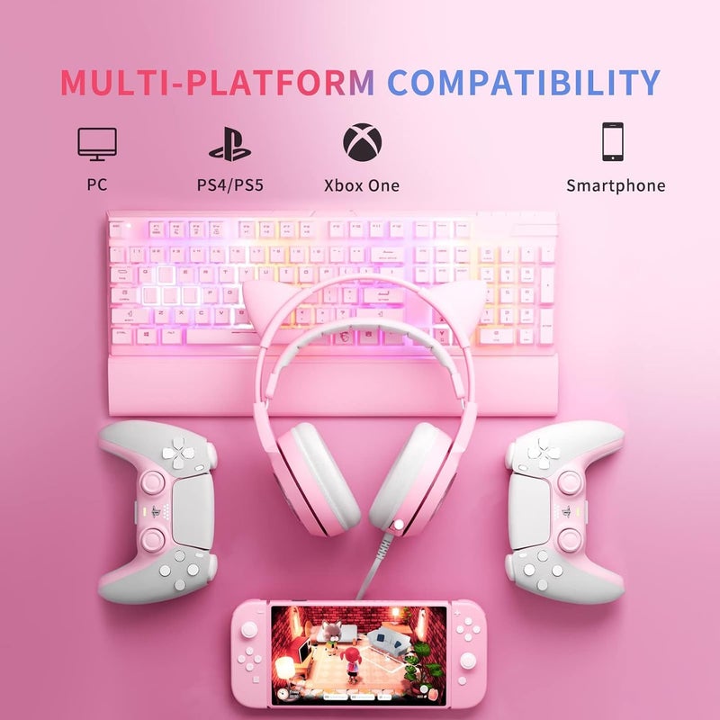 Somic G951s Pink Stereo Gaming Headset with Mic for PS4,Xbox,PC,Mobile Phone,3.5mm Noise Reduction Cat Ear Headphones Lightweight Over Ear Headphones for Girls - Image 4