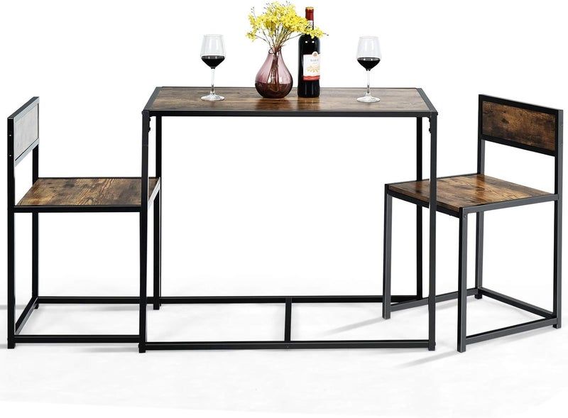 Giantex 3 Piece Dining Set, Industrial Dining Table with 2 Chairs, Small Kitchen Table Set with Metal Frame, Compact Bistro Table Set, Pub Breakfast Table for Small Space, Apartment (Antique) - Image 1