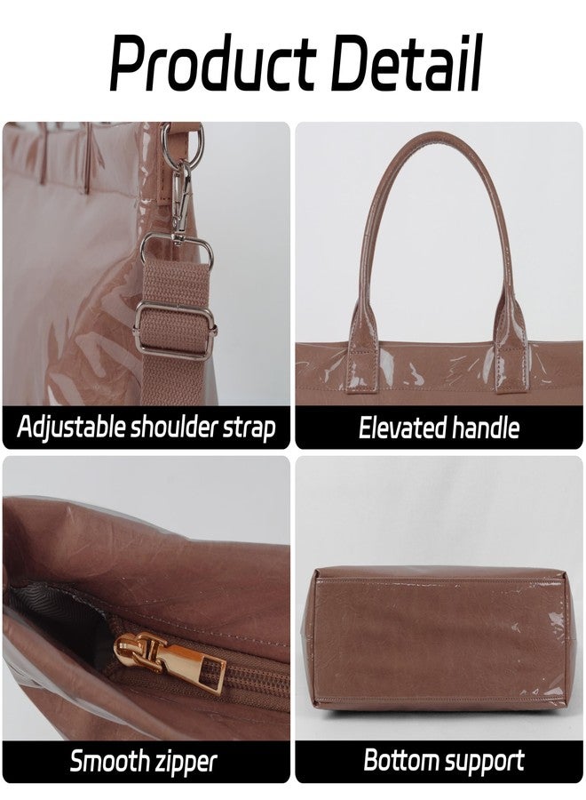 GISMTR Large PVC Tote Bag for Women Letters Print Handbags Kraft Paper Shoulder Bag for Work Travel, Coffee - Image 2