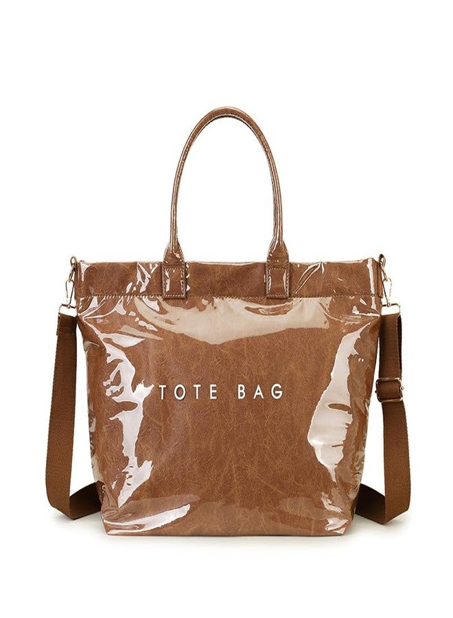 GISMTR Large PVC Tote Bag for Women Letters Print Handbags Kraft Paper Shoulder Bag for Work Travel, Coffee - Image 1
