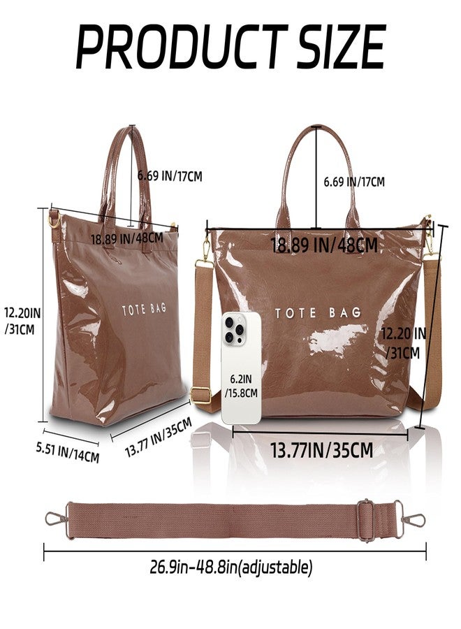 GISMTR Large PVC Tote Bag for Women Letters Print Handbags Kraft Paper Shoulder Bag for Work Travel, Coffee - Image 4