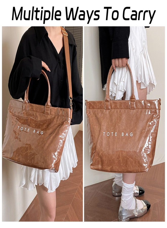 GISMTR Large PVC Tote Bag for Women Letters Print Handbags Kraft Paper Shoulder Bag for Work Travel, Coffee - Image 3
