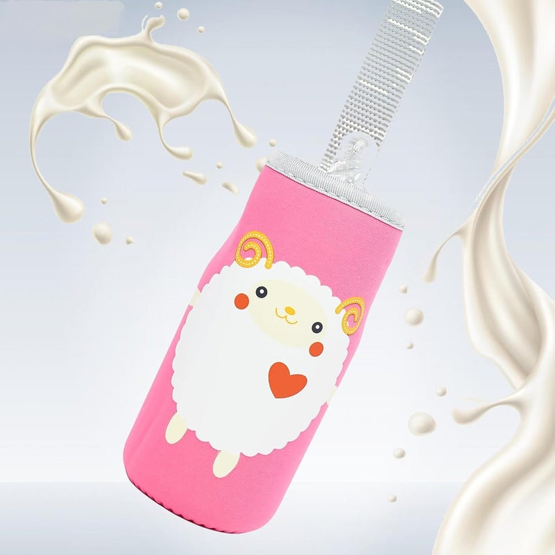 Joy Buzz Cute Animated Patterned Soft Stretchable Baby Feeding Bottle Cover with Easy to Hold Strap for 120ml, 150ml, 240ml (Pink) - Image 1