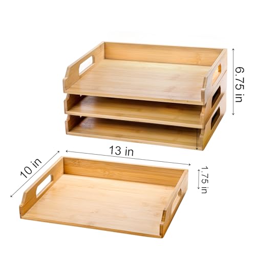 Okllen 3 Pack Stackable Paper Trays Bamboo Desk Letter Tray Set 3 Tier File Document Organizer Tray for A4 Paper Magazine Receipts Office Supplies - Image 3