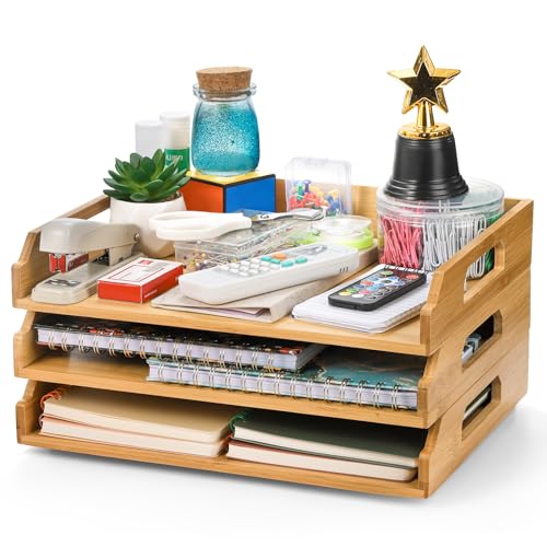 Okllen 3 Pack Stackable Paper Trays Bamboo Desk Letter Tray Set 3 Tier File Document Organizer Tray for A4 Paper Magazine Receipts Office Supplies - Image 1