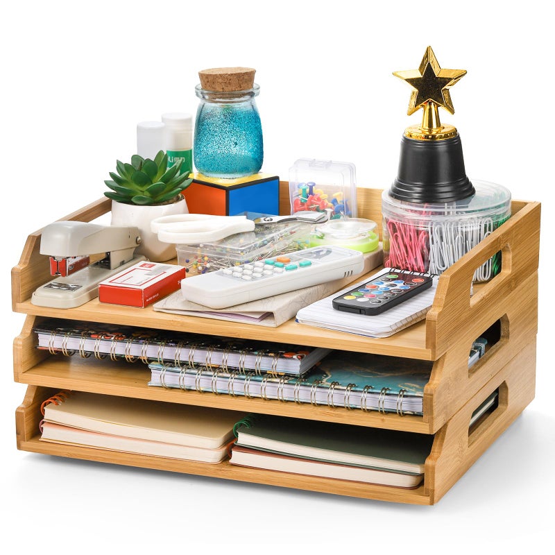 Okllen 3 Pack Stackable Paper Trays Bamboo Desk Letter Tray Set 3 Tier File Document Organizer Tray for A4 Paper Magazine Receipts Office Supplies - Image 2
