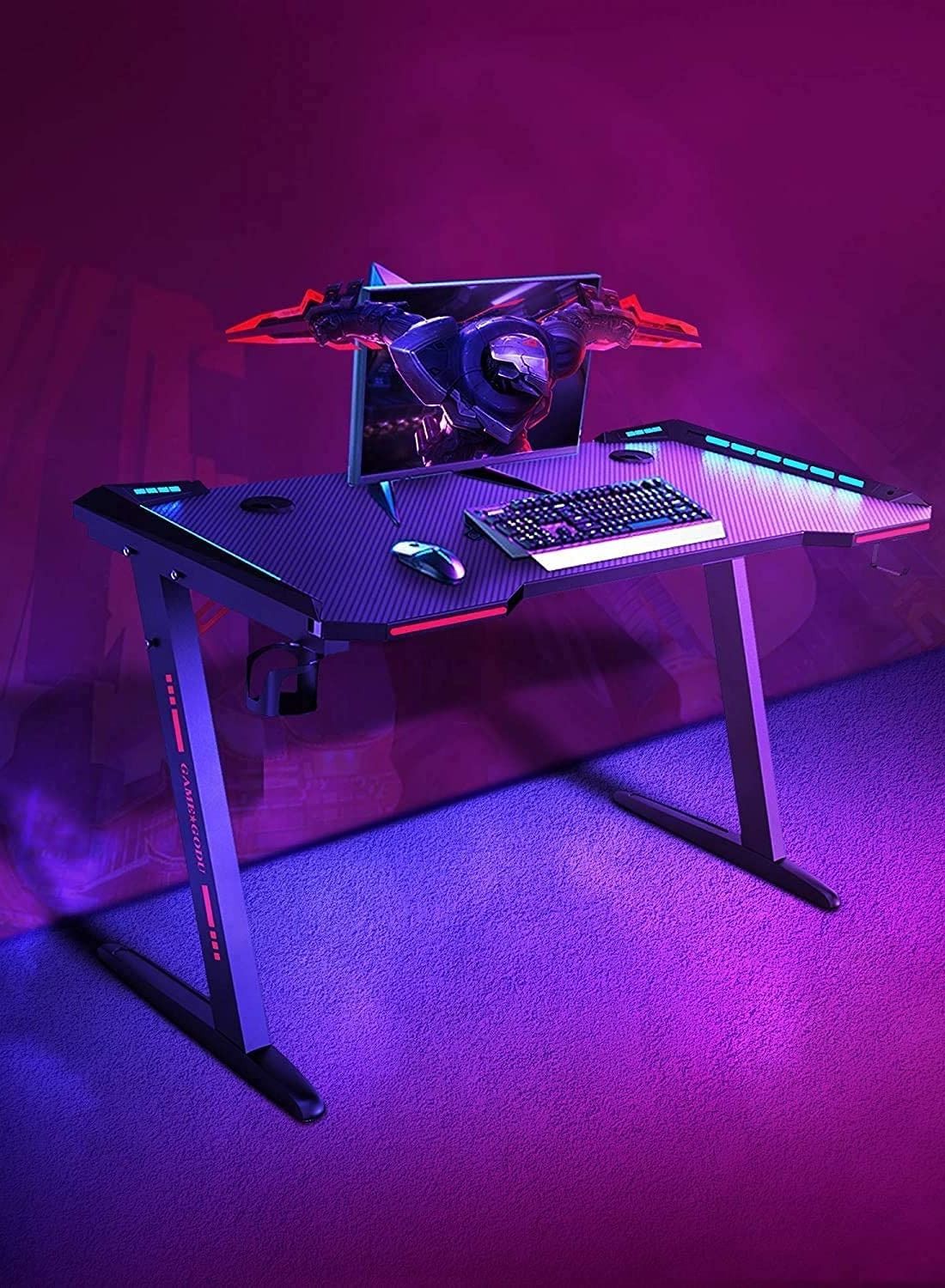 RoyalPolar Gaming Desk with RGB LED Lights wireless remote PC Computer Desk Z Shaped Gamer Home Office Computer Desk Table with Handle Rack Cup Holder  Headphone Hook 
