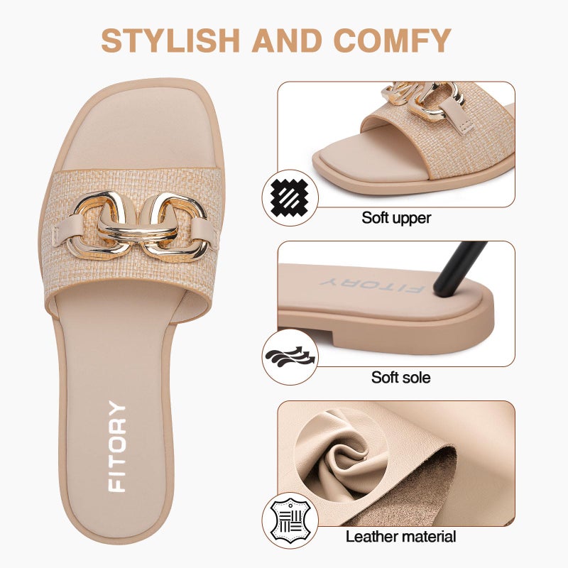 FITORY Women's Flat Sandals Fashion Slides With Soft Leather Slippers for Summer Raffia Size 7 - Image 2