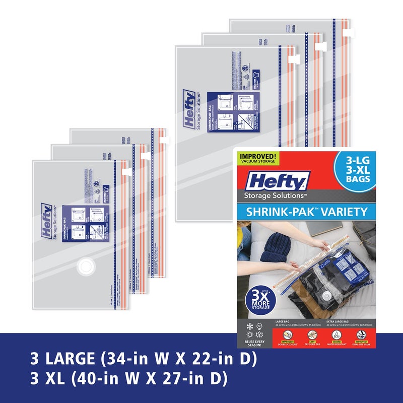Hefty Shrink-Pak Vacuum Storage Bags - Space Saver Vacuum Storage Bags for Under Bed Storage  Clothing and Comforter Storage  Odor Resistant  3X More Storage Space - 3 Large  3 XL Vacuum Storage Bags - Image 2