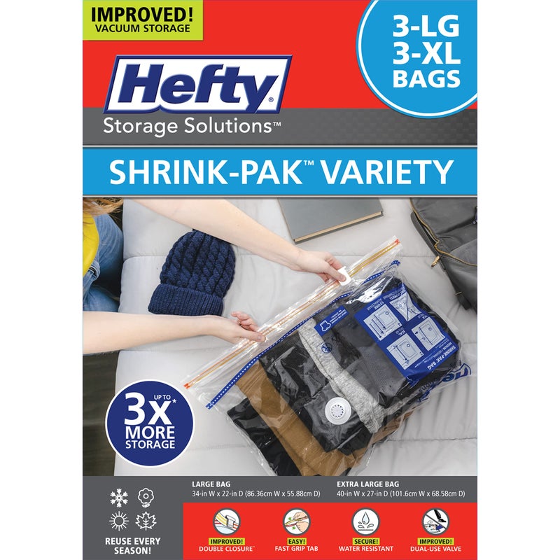 Hefty Shrink-Pak Vacuum Storage Bags - Space Saver Vacuum Storage Bags for Under Bed Storage  Clothing and Comforter Storage  Odor Resistant  3X More Storage Space - 3 Large  3 XL Vacuum Storage Bags - Image 1