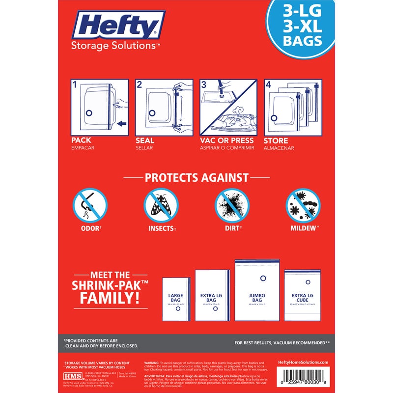 Hefty Shrink-Pak Vacuum Storage Bags - Space Saver Vacuum Storage Bags for Under Bed Storage  Clothing and Comforter Storage  Odor Resistant  3X More Storage Space - 3 Large  3 XL Vacuum Storage Bags - Image 3