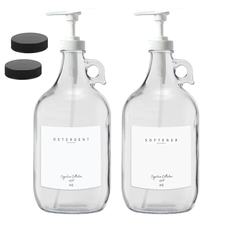 ME Decor Laundry Detergent Dispenser for Laundry Room  Two Half Gallon Glass Jugs for Fabric Softener Dispenser Liquid Laundry Soap Dispenser and Bleach  64 oz White Commercial Liquid Pump Dispenser