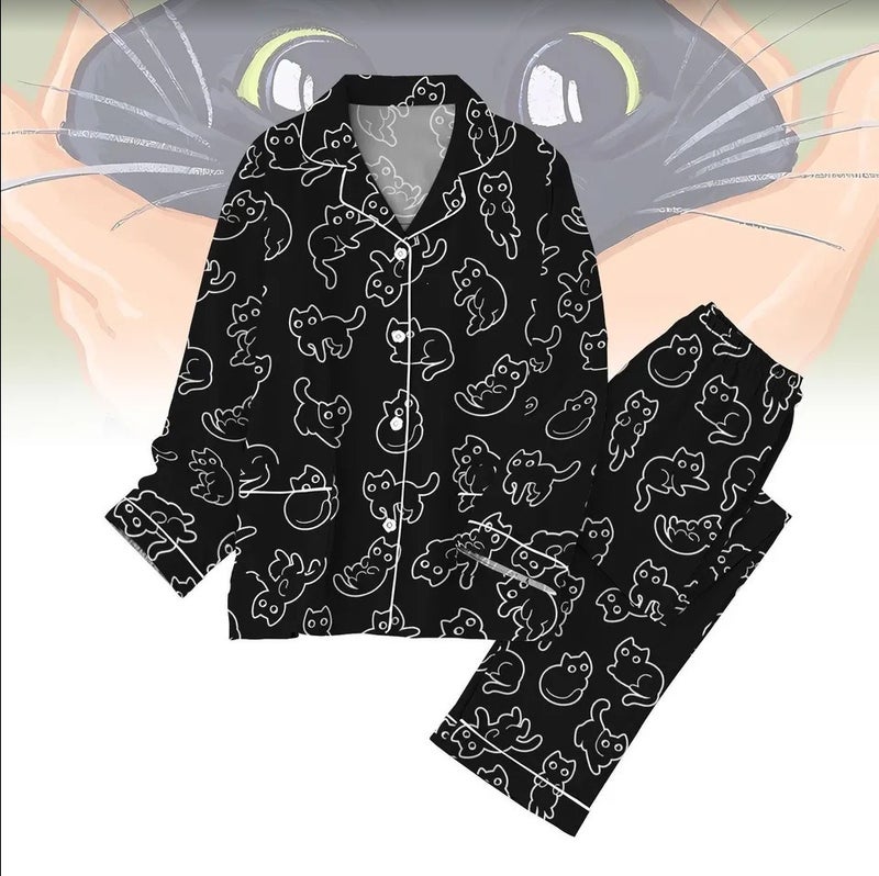 New 3D Digital Print Cartoon Pajama Set for Couples - Casual Homewear with Long Sleeves and Notch Lapel, Lightweight Polyester, Unisex Loungewear