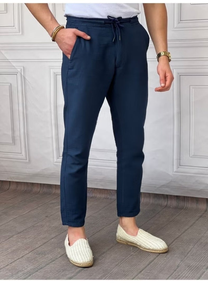 Cool Tarz Cool Style Men's Navy Blue Musli Laced Linen Trousers - Image 1