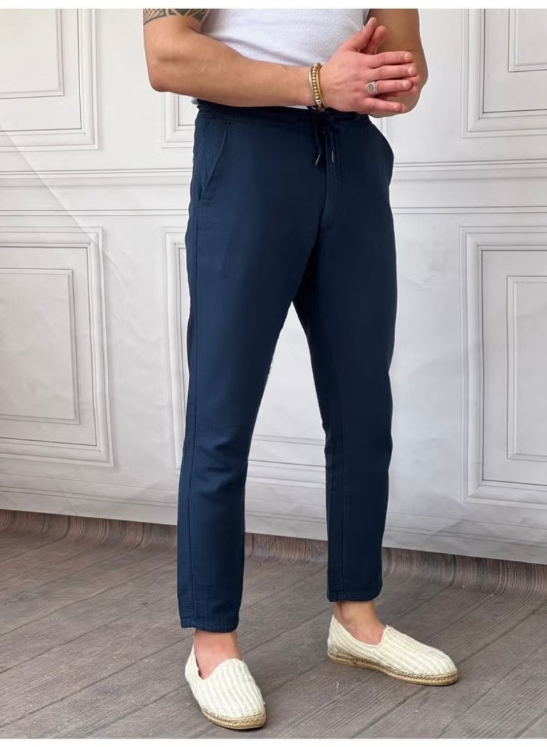 Cool Tarz Cool Style Men's Navy Blue Musli Laced Linen Trousers - Image 2