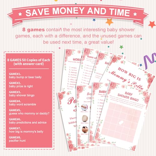 OLOUTAB Baby Shower Games for Girl-8 Games,Fun and Easy to Play,Includes Baby Shower Bingo,Price is Right,Guess Who Mommy or Daddy,Word Scramble,Prediction and Advice,How Big is Mommys Belly,Pacifier Hunt - Image 5