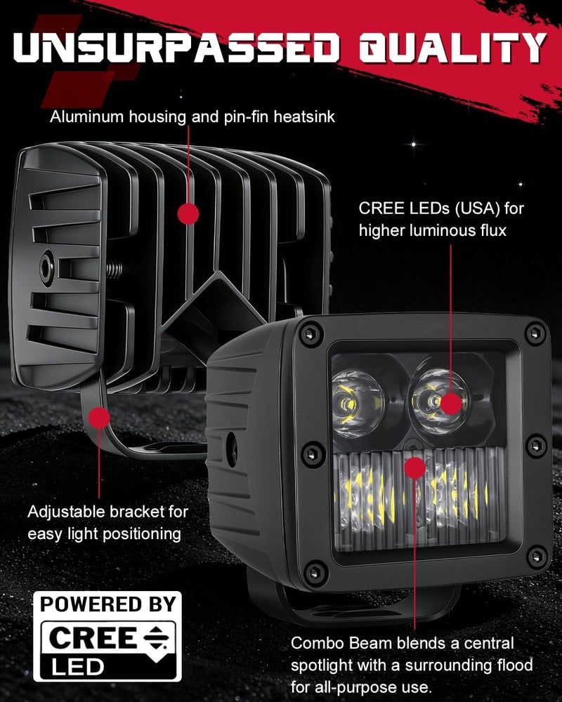OFFROADTOWN مكعبات LED، 3 إنش 80 واط مصابيح CREE LED للقيادة على الطرق الوعرة، مصابيح ضباب، ضوء احتياطي، ضوء عكسي للشاحنات، UTV، SUV، ATV، الدراجات النارية، البيك أب، القوارب - 2 قطع مجموعة شعاع - Image 3