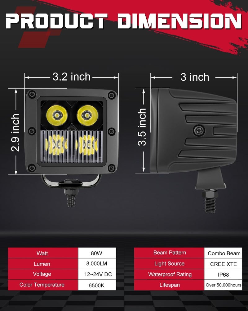 OFFROADTOWN مكعبات LED، 3 إنش 80 واط مصابيح CREE LED للقيادة على الطرق الوعرة، مصابيح ضباب، ضوء احتياطي، ضوء عكسي للشاحنات، UTV، SUV، ATV، الدراجات النارية، البيك أب، القوارب - 2 قطع مجموعة شعاع - Image 2