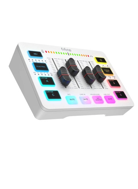 خلاط الصوت للألعاب والبث RGB PC مع واجهة ميكروفون XLR، سهل الاستخدام ويحتوي على 4 قنوات للصوت مع خاصية الصامت والمراقبة للاستخدام في البث والبودكاست وإنشاء المحتوى (لون أبيض).