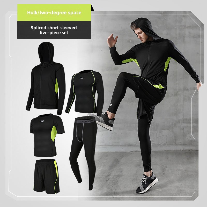 Generic Mens Fitness Tight Suit Basketball Gym Training Summer Set Hulk-stitching short-sleeved five-piece set