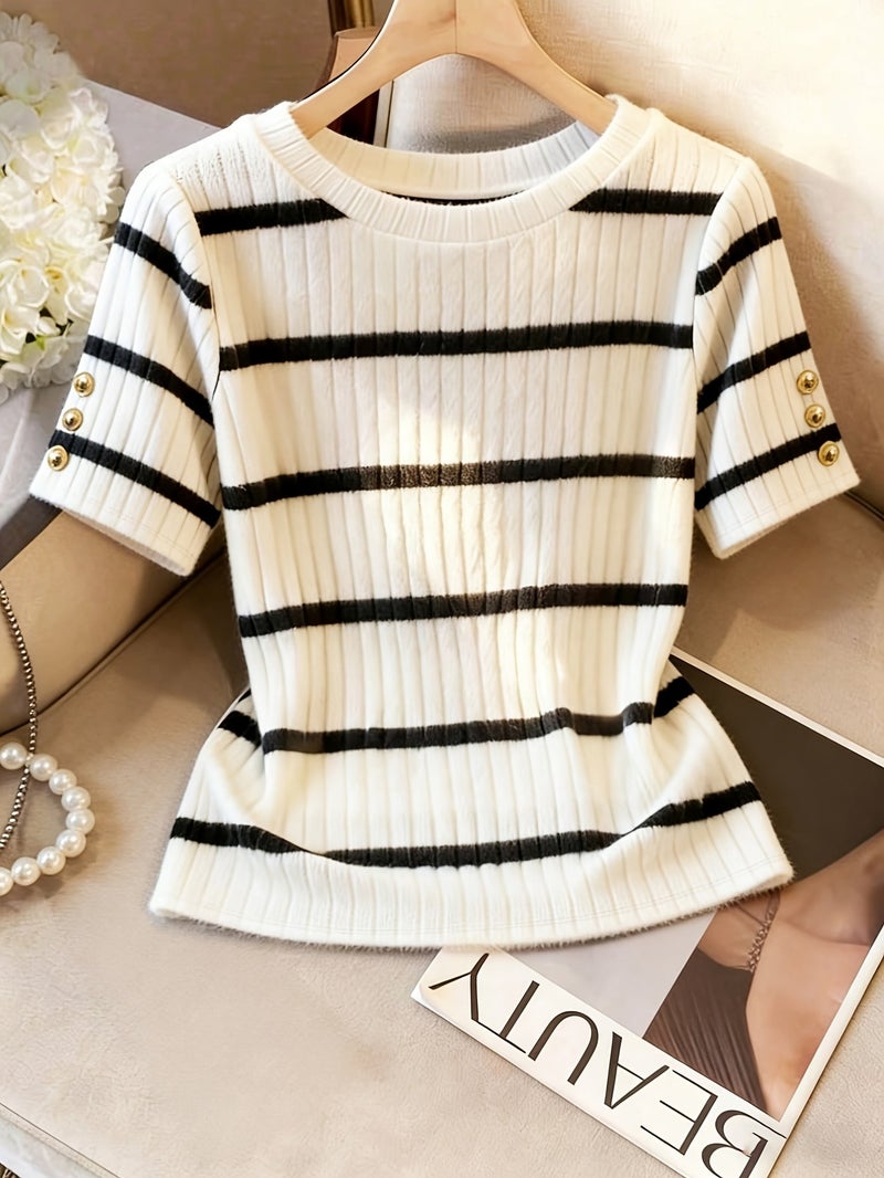 Elegant Casual Striped Round Neck T - Shirt for Women - Black And White / XS - Image 2