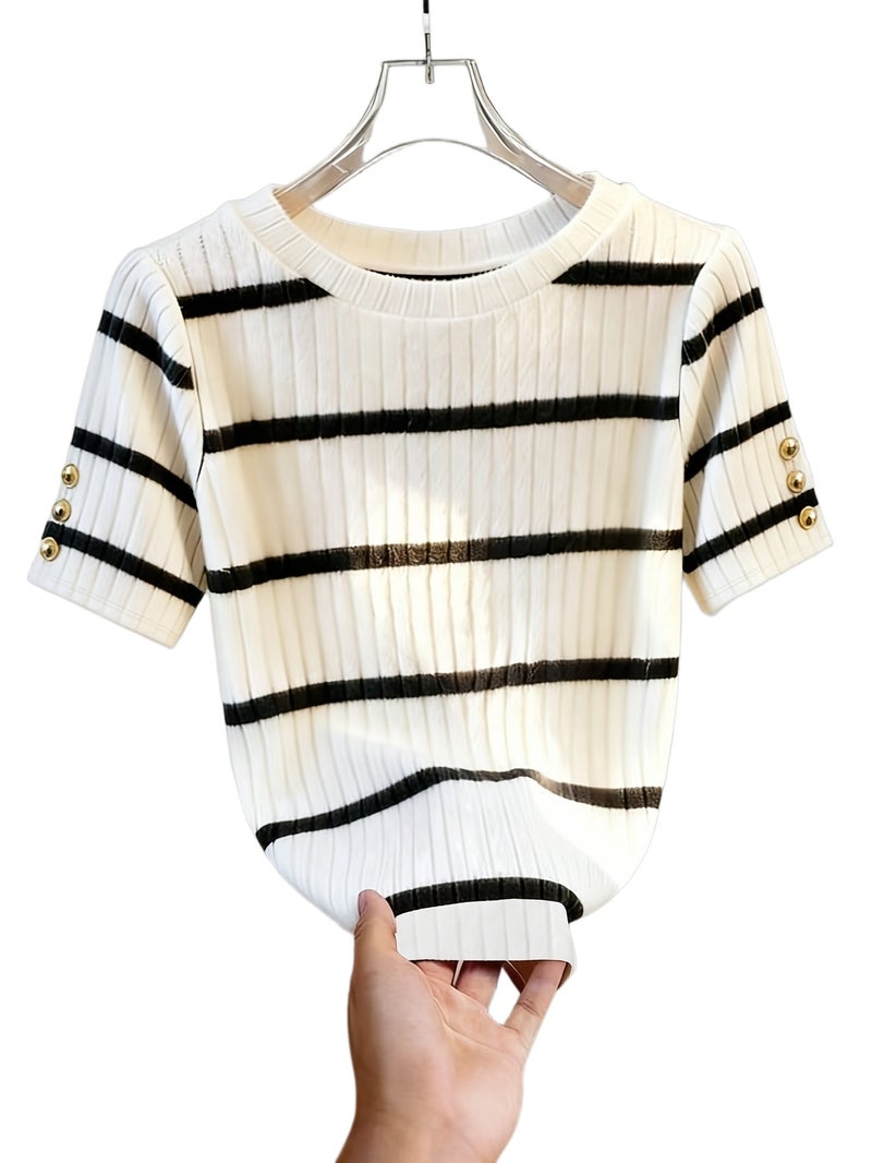 Elegant Casual Striped Round Neck T - Shirt for Women - Black And White / XS - Image 1