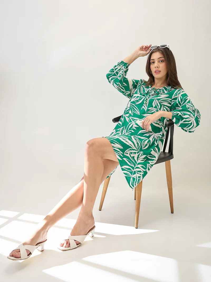 globus Globus Women Tropical Print Ruffled V-Neck Bishop Sleeves Mini A-Line Dress