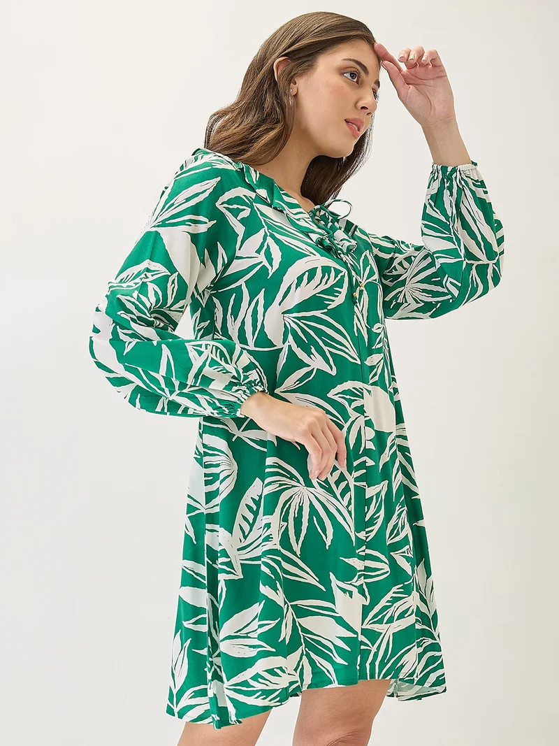globus Globus Women Tropical Print Ruffled V-Neck Bishop Sleeves Mini A-Line Dress