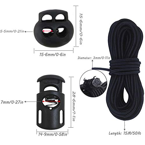 Joycoco 20pcs Plastic Cord Locks with 1/8-Inch 50ft Elastic Cord Heavy Stretch Round String, 10Pcs Sing-Hole, 10pcs Double-Hole Spring Toggle Stopper Slider Black (3mm-Black) - Image 2