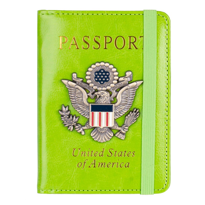 TOURSUIT RFID Blocking Passport Holder for Women Men, Leather Passport Travel Wallet with Metal 3D Metal Badge, Travel Document Holder Cover Accessories (Green) - Image 1