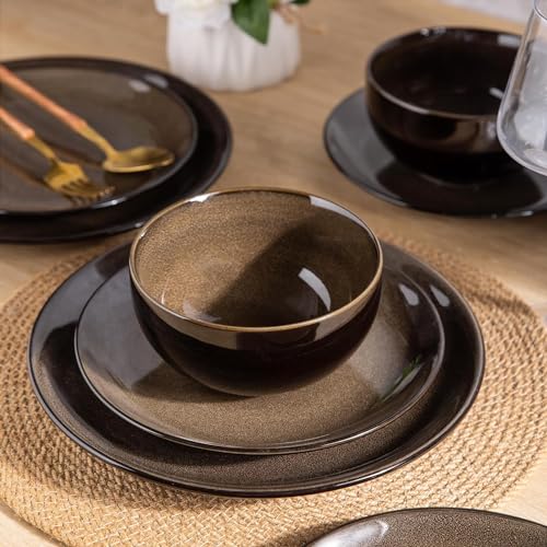 LeRatio Ceramic Dinnerware Sets for 6,Stoneware Plates and Bowls Sets,Handmade Reactive Glaze Dishes Set,Chip Resistant and Scratch Resistant | Oven&Dishwasher & Microwave Safe-Chestnut(18PCS) - Image 3