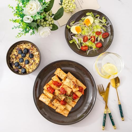 LeRatio Ceramic Dinnerware Sets for 6,Stoneware Plates and Bowls Sets,Handmade Reactive Glaze Dishes Set,Chip Resistant and Scratch Resistant | Oven&Dishwasher & Microwave Safe-Chestnut(18PCS) - Image 4