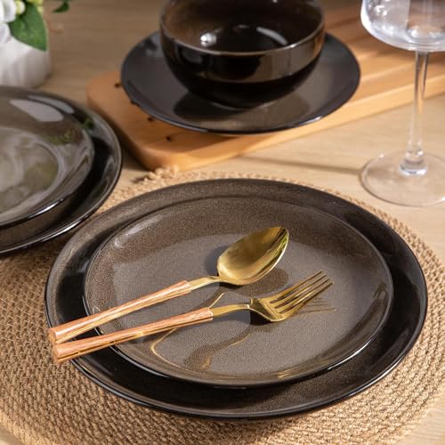 LeRatio Ceramic Dinnerware Sets for 6,Stoneware Plates and Bowls Sets,Handmade Reactive Glaze Dishes Set,Chip Resistant and Scratch Resistant | Oven&Dishwasher & Microwave Safe-Chestnut(18PCS) - Image 2