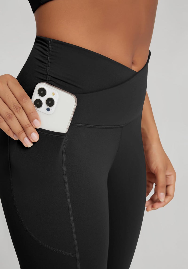 ODODOS Cloud Feeling Gathered Cross Waist 7/8 Leggings with Pockets for Women 25" Crossover Lounge Yoga Pants, Black, X-Small - Image 5
