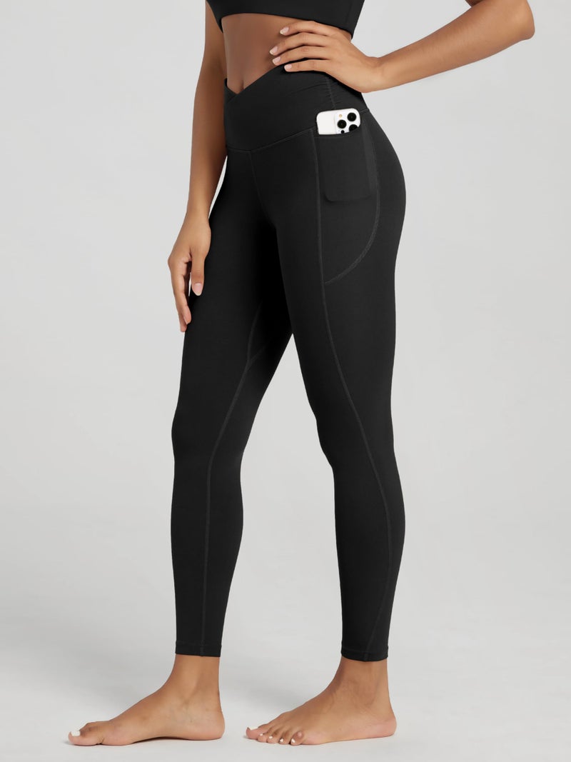 ODODOS Cloud Feeling Gathered Cross Waist 7/8 Leggings with Pockets for Women 25" Crossover Lounge Yoga Pants, Black, X-Small - Image 2