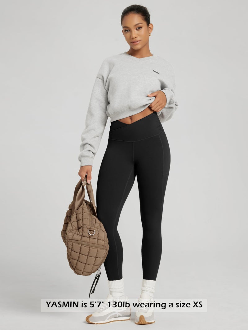 ODODOS Cloud Feeling Gathered Cross Waist 7/8 Leggings with Pockets for Women 25" Crossover Lounge Yoga Pants, Black, X-Small - Image 4