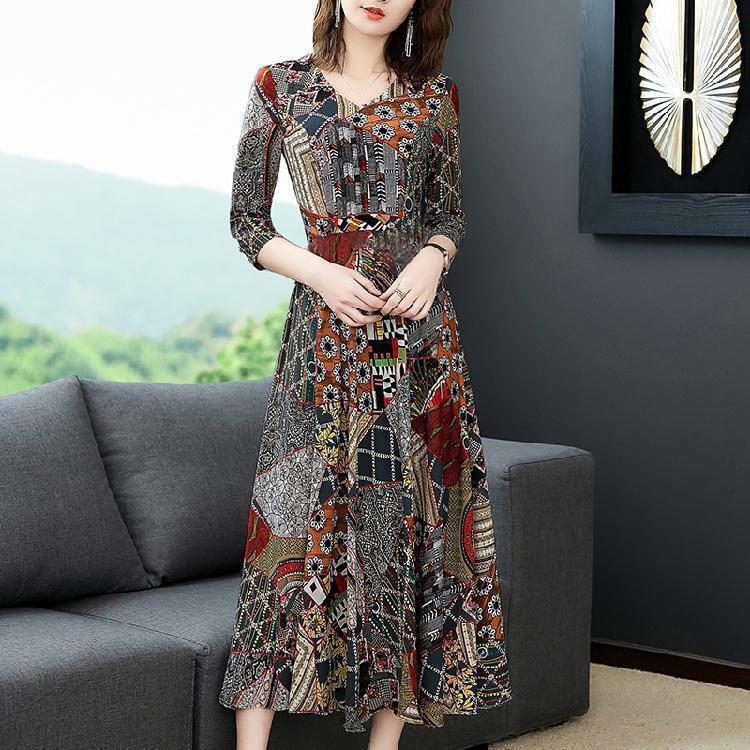 Cross-border Womens Printed dress Summer New Popular Mid-length Skirt Seven-sleeve Waist Base Skirt for Spring and Autumn Picture Color