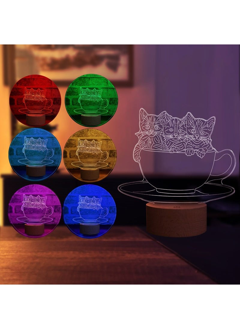 By-Lamp Cats in a Cup LED Night Light Wooden Base 7 Different Light Colors  - Image 2