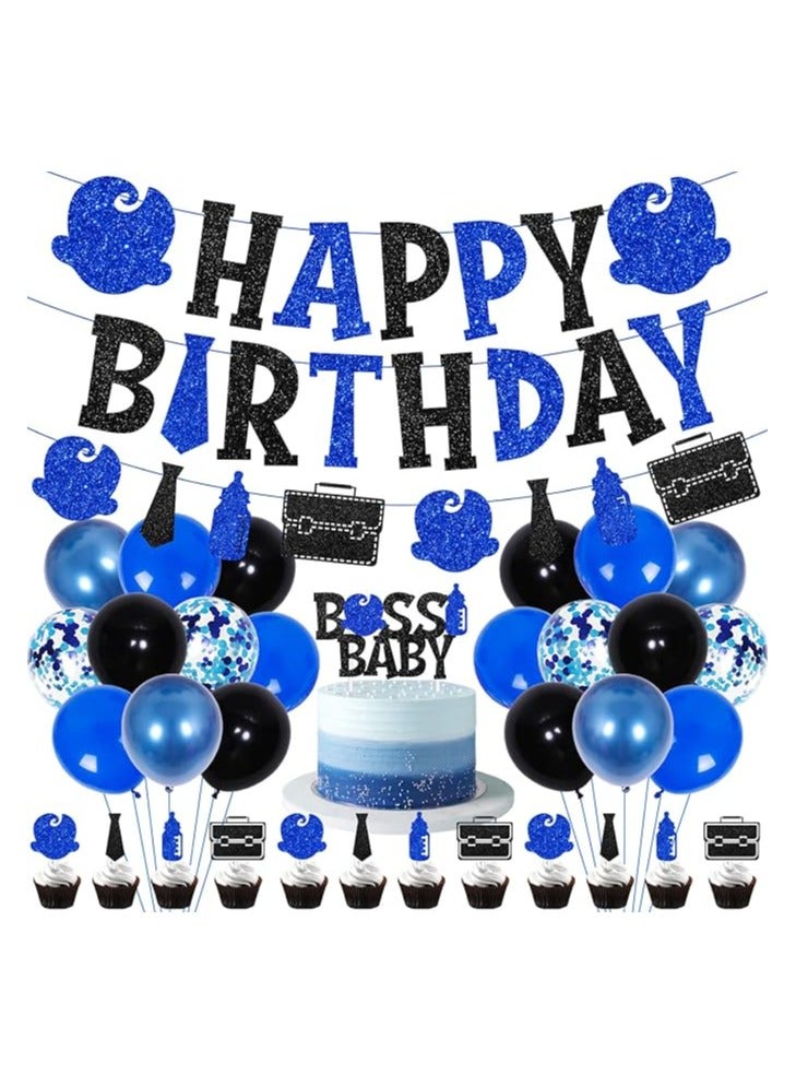 Baby Boss Birthday Party Decorations for Blue Black Boss Themed Happy Birthday Banner Cake Toppers Balloons Set Newborn Boy Child Kid Bday Party Birthday Decor - Image 1