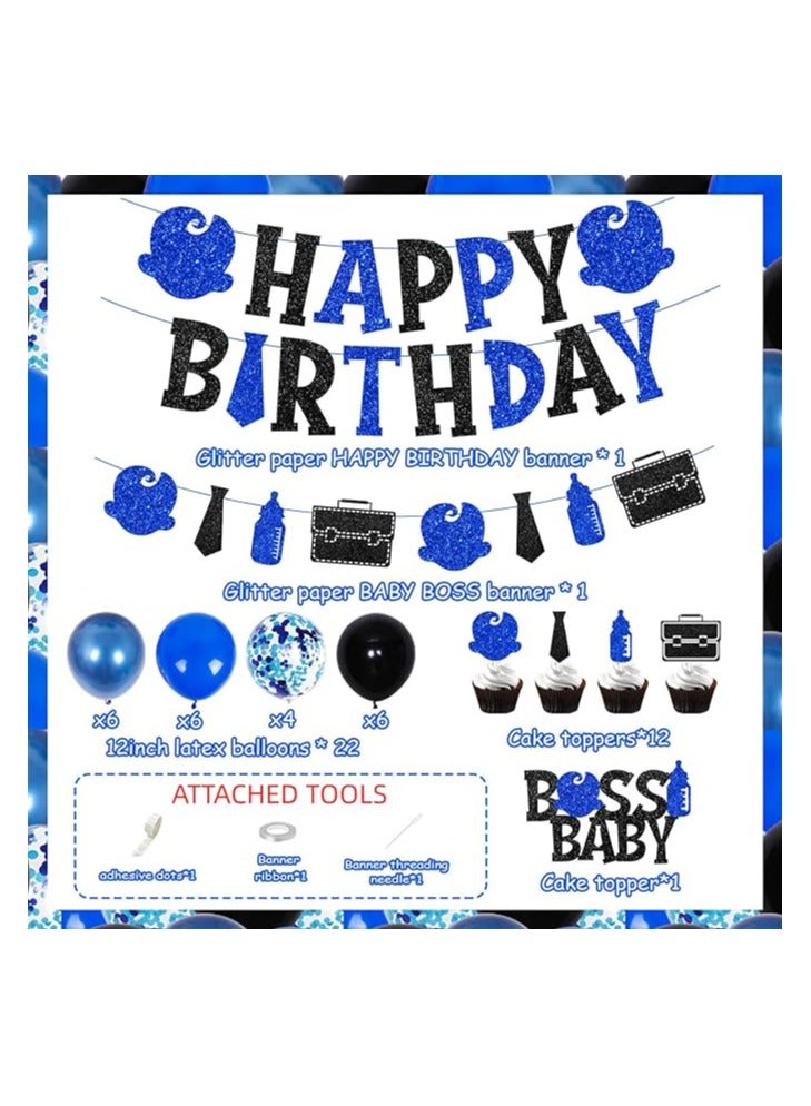 Baby Boss Birthday Party Decorations for Blue Black Boss Themed Happy Birthday Banner Cake Toppers Balloons Set Newborn Boy Child Kid Bday Party Birthday Decor - Image 2